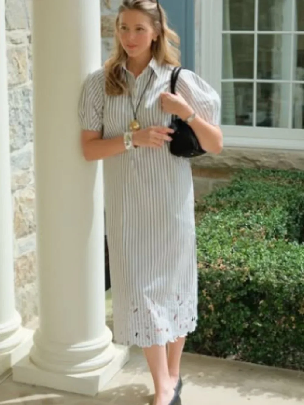 J. Crew Embroidered Shirt Dress in Striped Cotton Poplin Eyelet Puff Sleeve